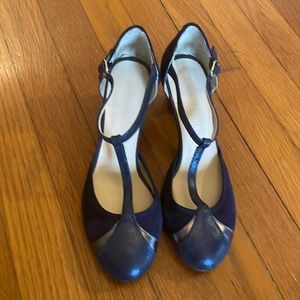 Navy suede t-strap heels